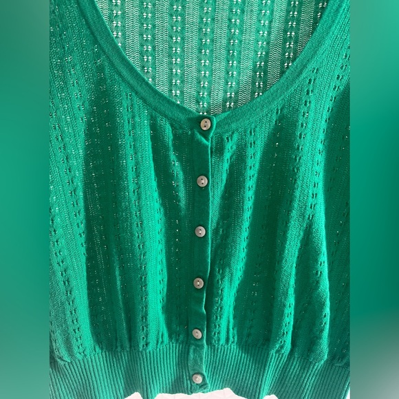 Old Navy Pointelle Short Sleeve Cropped Green Knit Cardigan Sweater Size Large - Picture 4 of 10